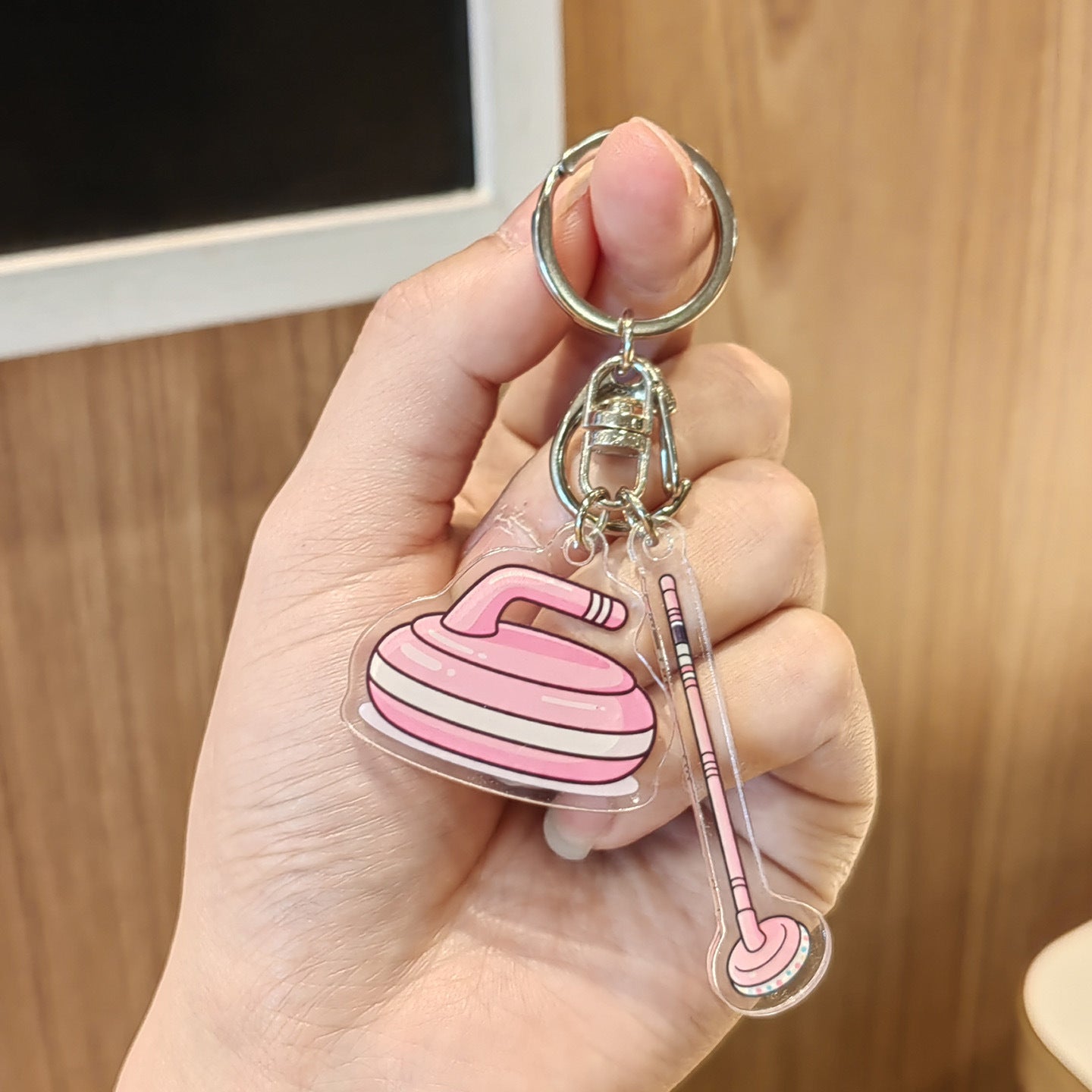 #C00015 Curling Keychain Charm Set – Mini Curling Stone & Broom Accessory Gift for Sports Fans & Winter Game Lovers