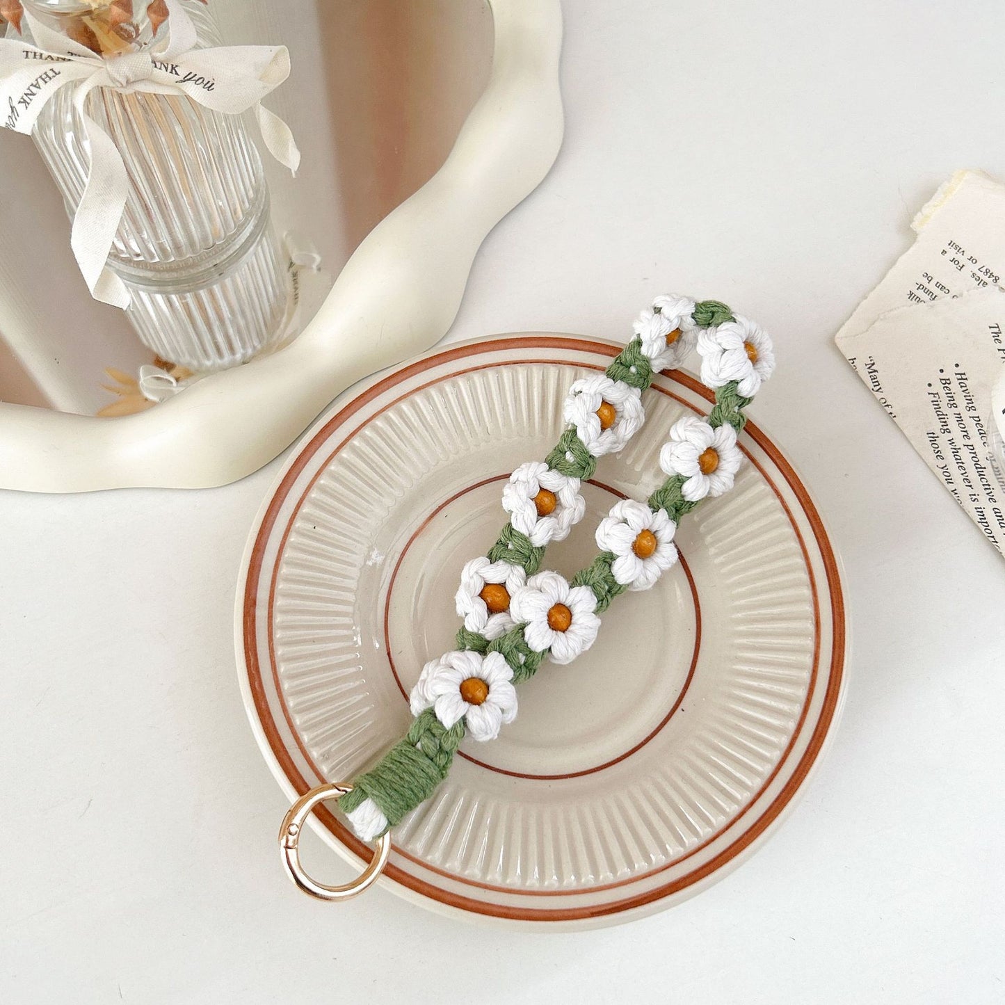 #L00016 Retro Beaded Flower Phone Lanyard – Handmade Cotton Wrist Strap
