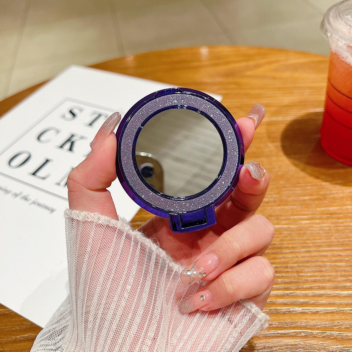 #S0030 Factory Wholesale Magnetic Girls makeup mirror PopSockets Glitter phone PopGrip, cellphone stand, retractable smartphone holder, phone mount support, Foldable Kickstand, handheld accessories Folding