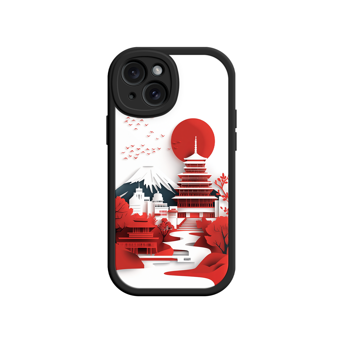 #MC0005 Factory Wholesale Japanese Pagoda & Mount Fuji Phone Case – Minimalist Red Sun Design for iPhone & Android