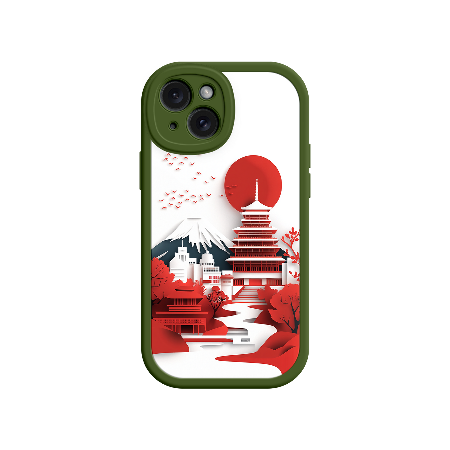 #MC0005 Factory Wholesale Japanese Pagoda & Mount Fuji Phone Case – Minimalist Red Sun Design for iPhone & Android