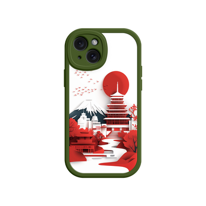 #MC0005 Factory Wholesale Japanese Pagoda & Mount Fuji Phone Case – Minimalist Red Sun Design for iPhone & Android