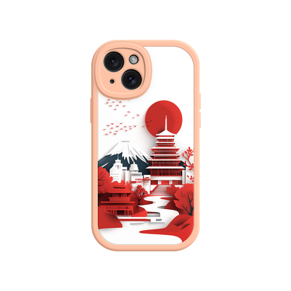 #MC0005 Factory Wholesale Japanese Pagoda & Mount Fuji Phone Case – Minimalist Red Sun Design for iPhone & Android
