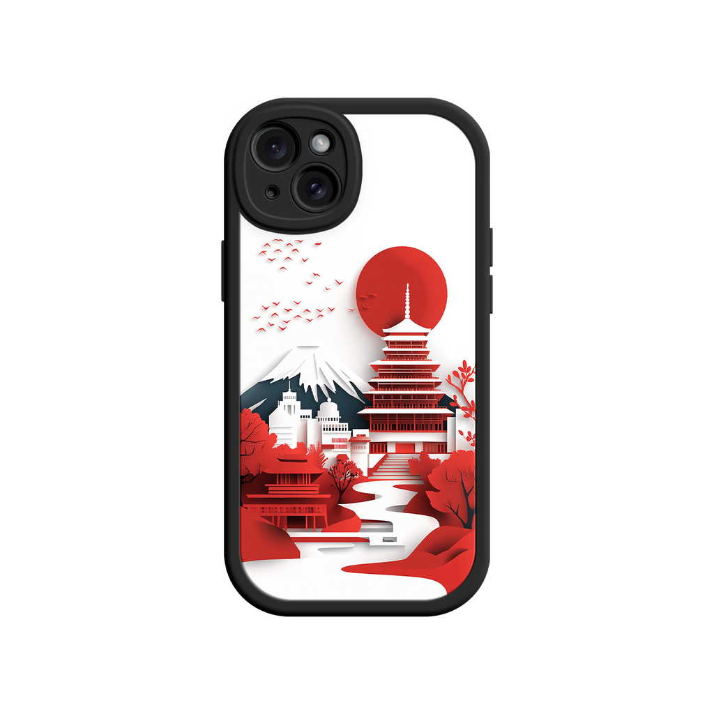 Japanese Pagoda & Mount Fuji Phone Case – Minimalist Red Sun Design for iPhone & Android