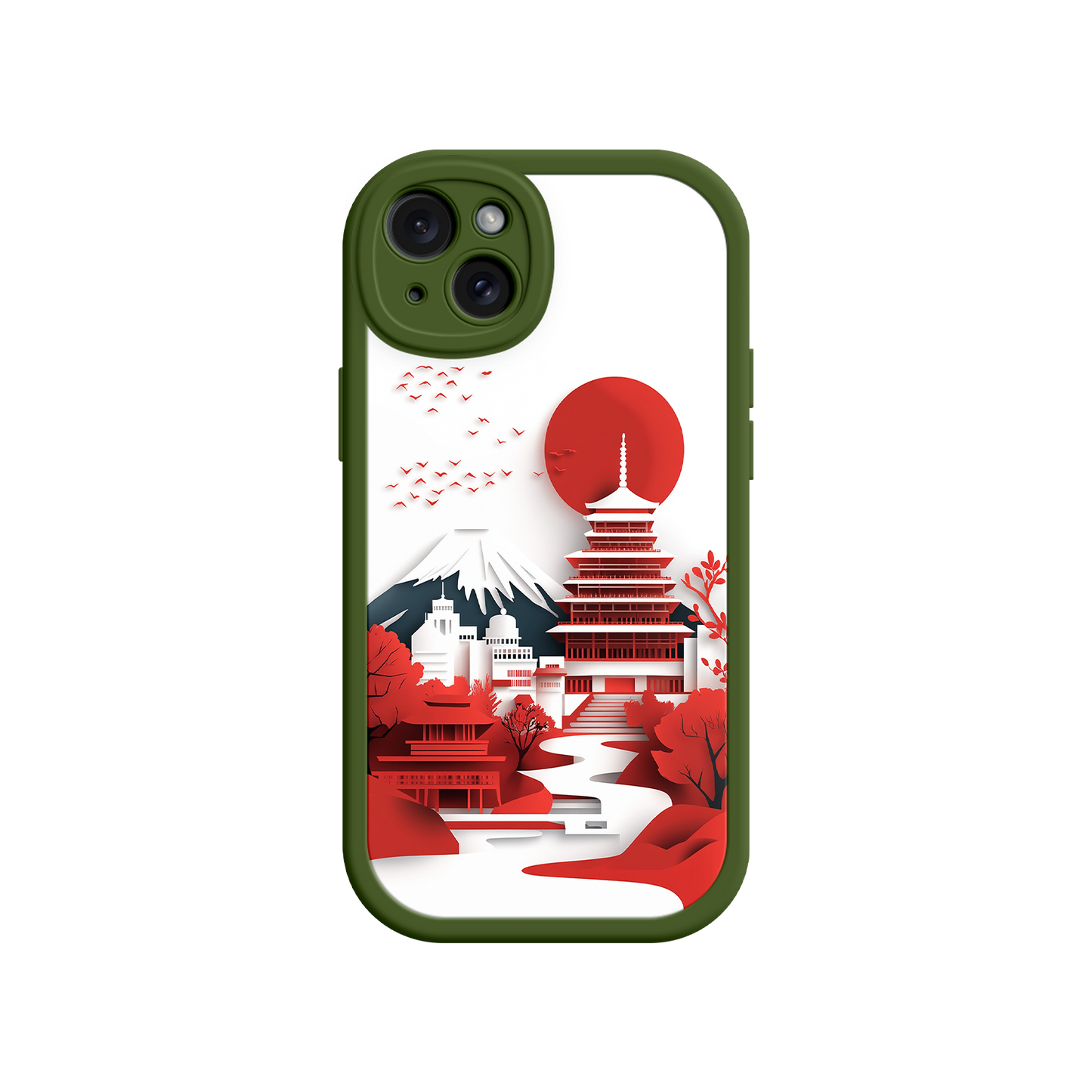 #MC0005 Factory Wholesale Japanese Pagoda & Mount Fuji Phone Case – Minimalist Red Sun Design for iPhone & Android