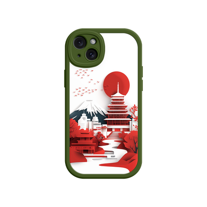 #MC0005 Factory Wholesale Japanese Pagoda & Mount Fuji Phone Case – Minimalist Red Sun Design for iPhone & Android