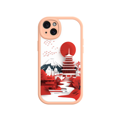 #MC0005 Factory Wholesale Japanese Pagoda & Mount Fuji Phone Case – Minimalist Red Sun Design for iPhone & Android