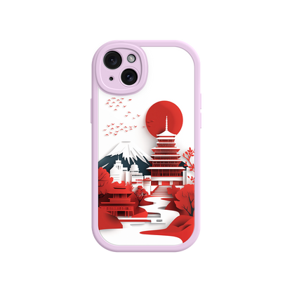 #MC0005 Factory Wholesale Japanese Pagoda & Mount Fuji Phone Case – Minimalist Red Sun Design for iPhone & Android