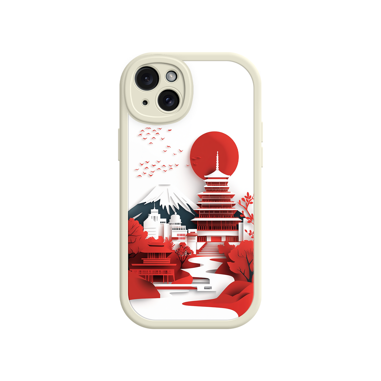 #MC0005 Factory Wholesale Japanese Pagoda & Mount Fuji Phone Case – Minimalist Red Sun Design for iPhone & Android