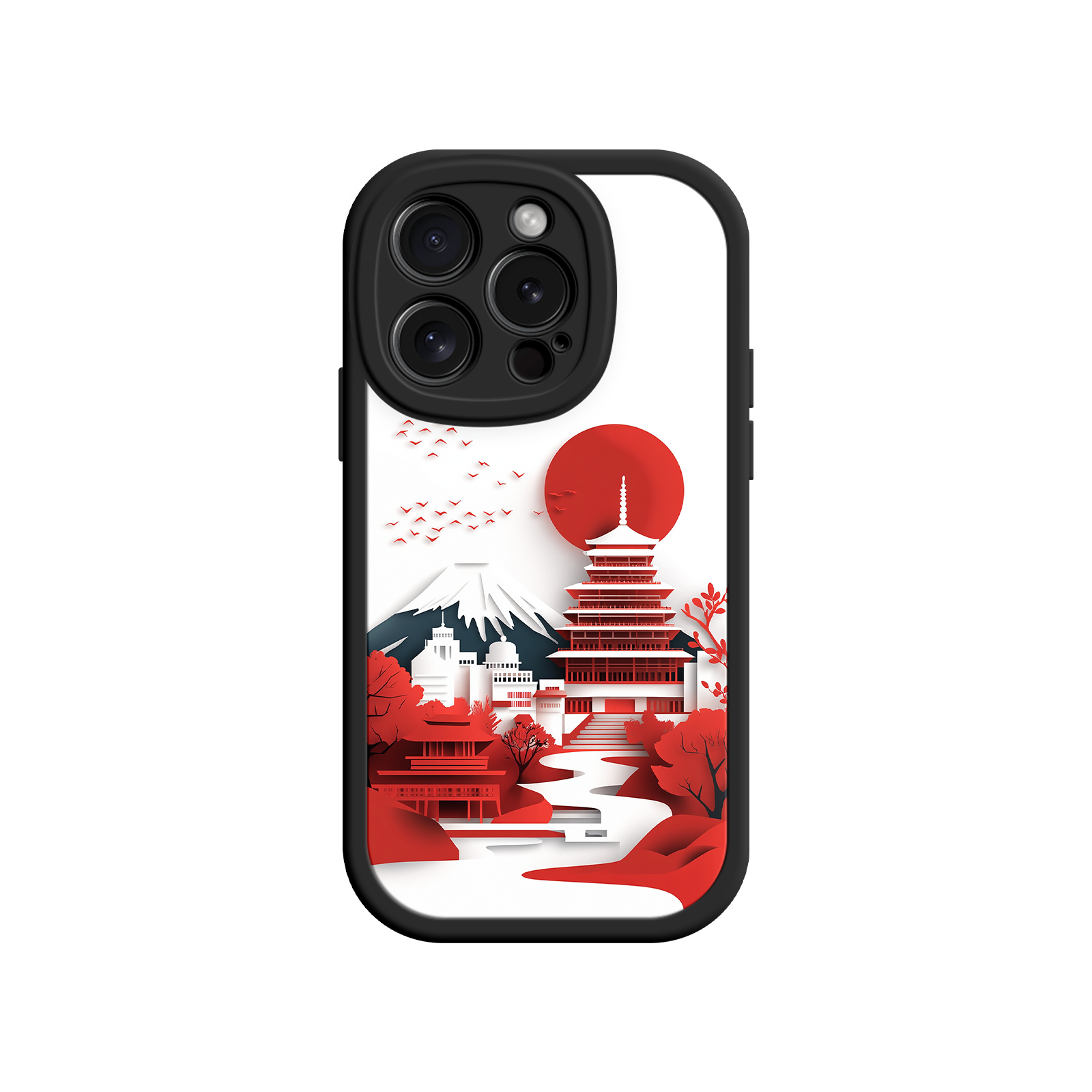Japanese Pagoda & Mount Fuji Phone Case – Minimalist Red Sun Design for iPhone & Android