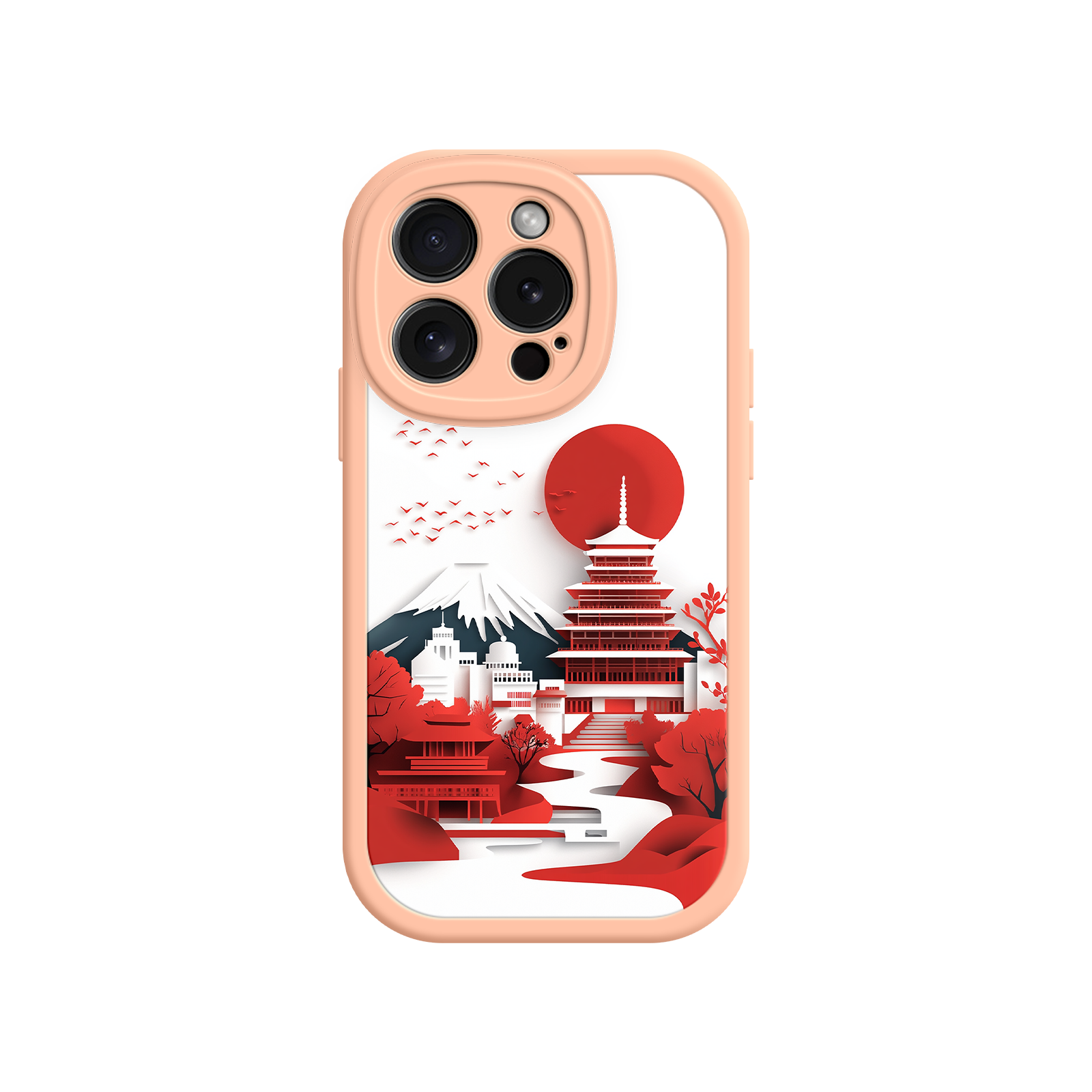 Japanese Pagoda & Mount Fuji Phone Case – Minimalist Red Sun Design for iPhone & Android