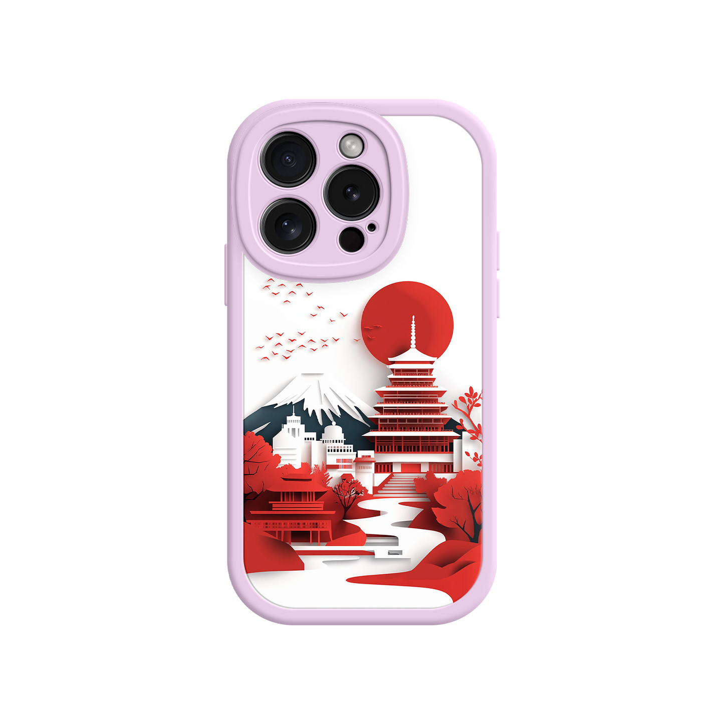 #MC0005 Factory Wholesale Japanese Pagoda & Mount Fuji Phone Case – Minimalist Red Sun Design for iPhone & Android