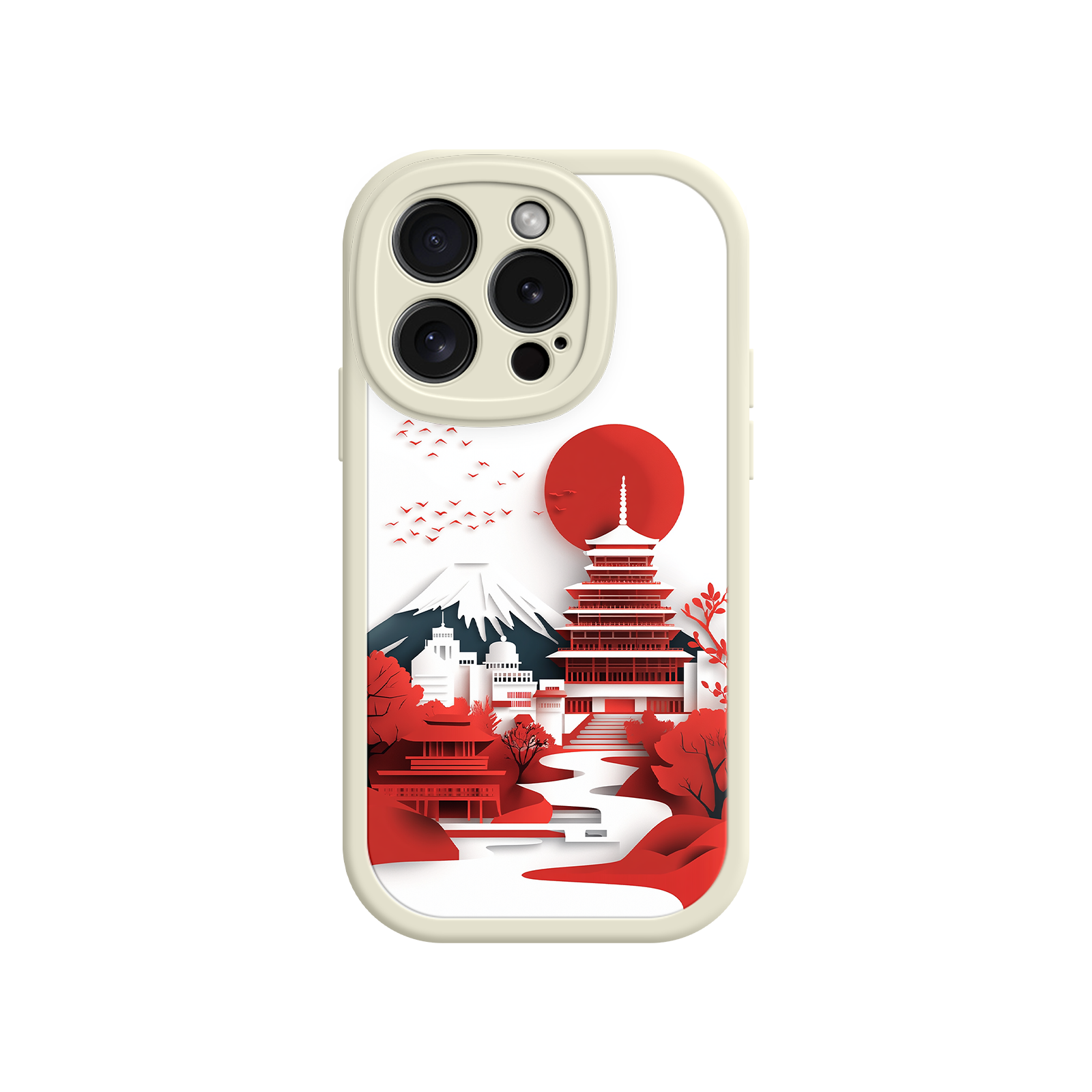 Japanese Pagoda & Mount Fuji Phone Case – Minimalist Red Sun Design for iPhone & Android