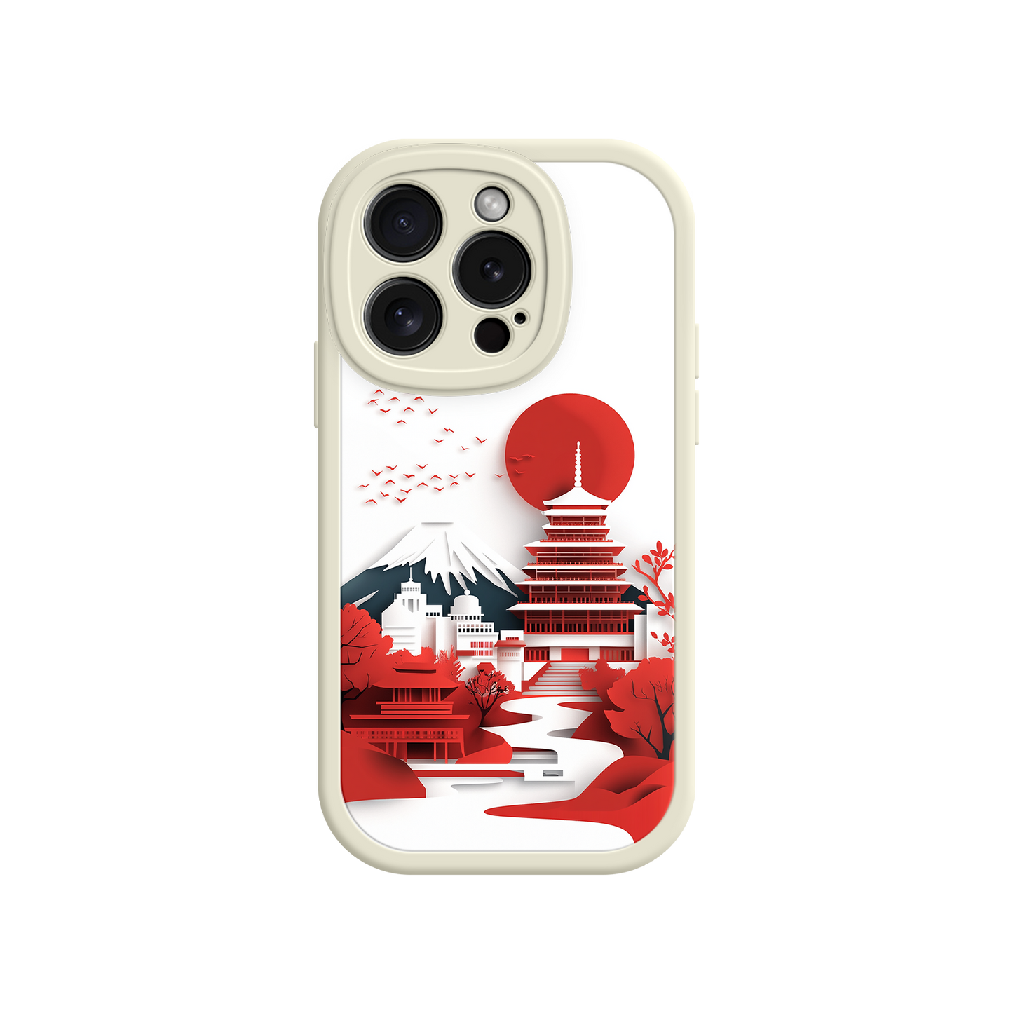 #MC0005 Factory Wholesale Japanese Pagoda & Mount Fuji Phone Case – Minimalist Red Sun Design for iPhone & Android