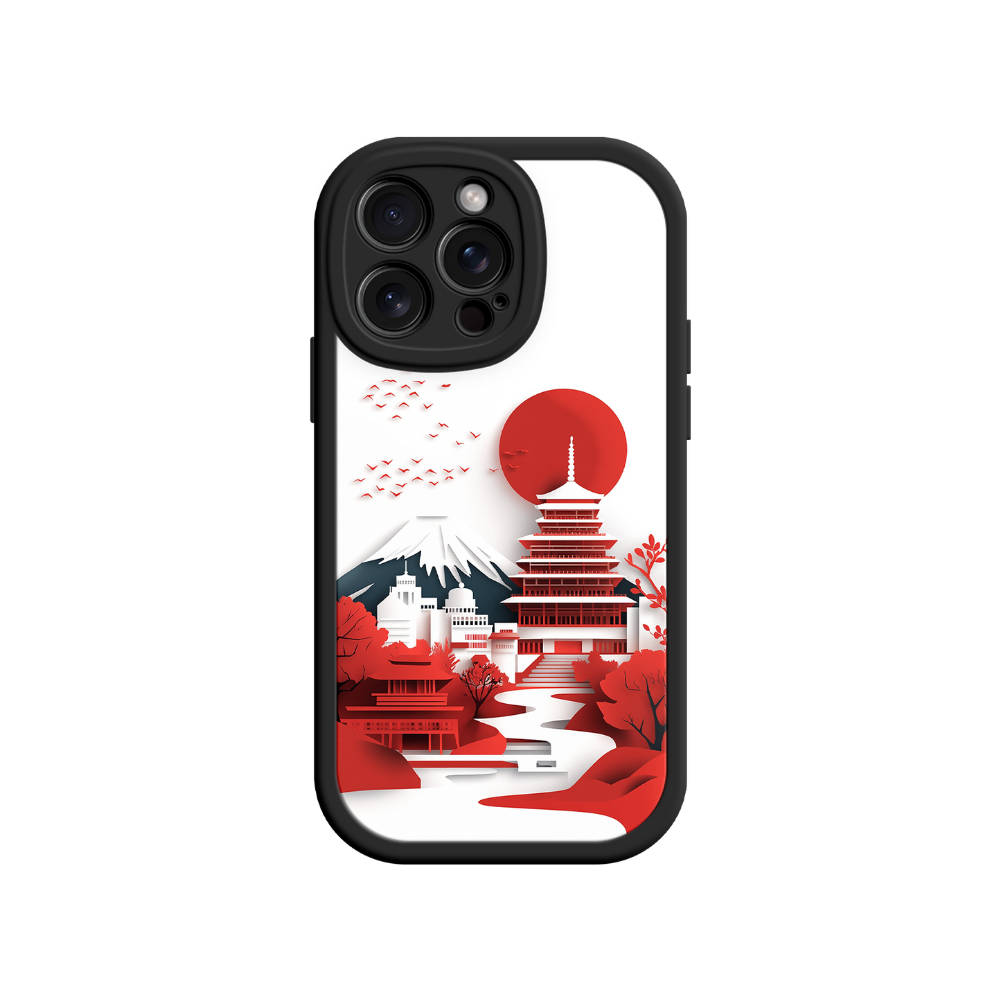 #MC0005 Factory Wholesale Japanese Pagoda & Mount Fuji Phone Case – Minimalist Red Sun Design for iPhone & Android