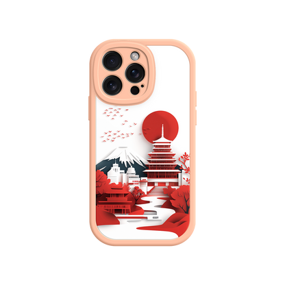 #MC0005 Factory Wholesale Japanese Pagoda & Mount Fuji Phone Case – Minimalist Red Sun Design for iPhone & Android