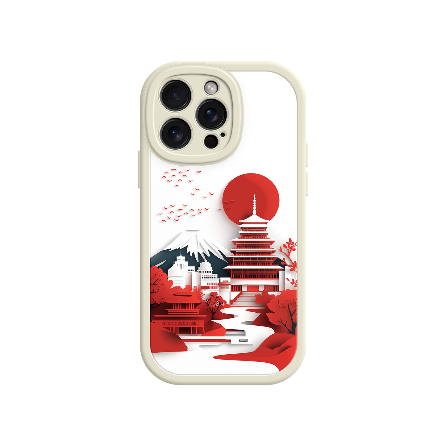 #MC0005 Factory Wholesale Japanese Pagoda & Mount Fuji Phone Case – Minimalist Red Sun Design for iPhone & Android