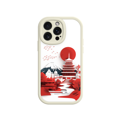 #MC0005 Factory Wholesale Japanese Pagoda & Mount Fuji Phone Case – Minimalist Red Sun Design for iPhone & Android