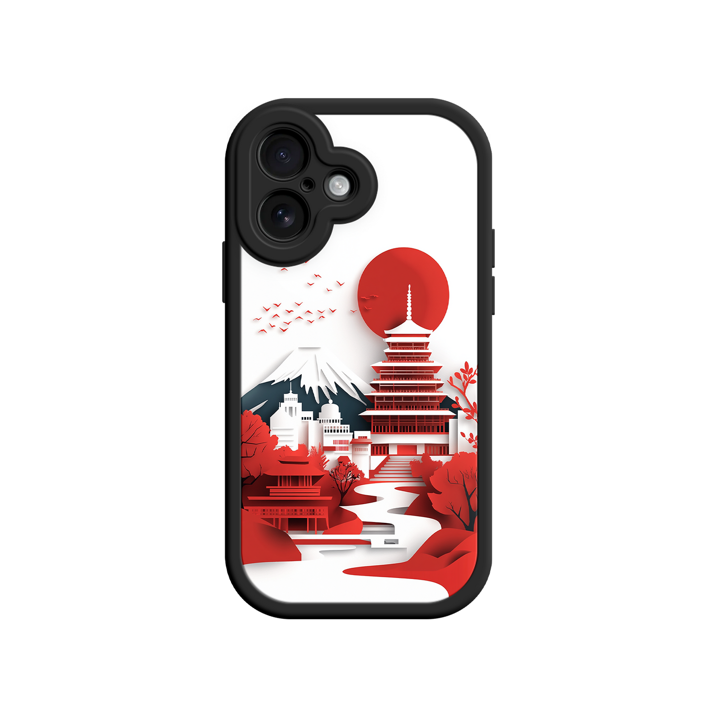 #MC0005 Factory Wholesale Japanese Pagoda & Mount Fuji Phone Case – Minimalist Red Sun Design for iPhone & Android