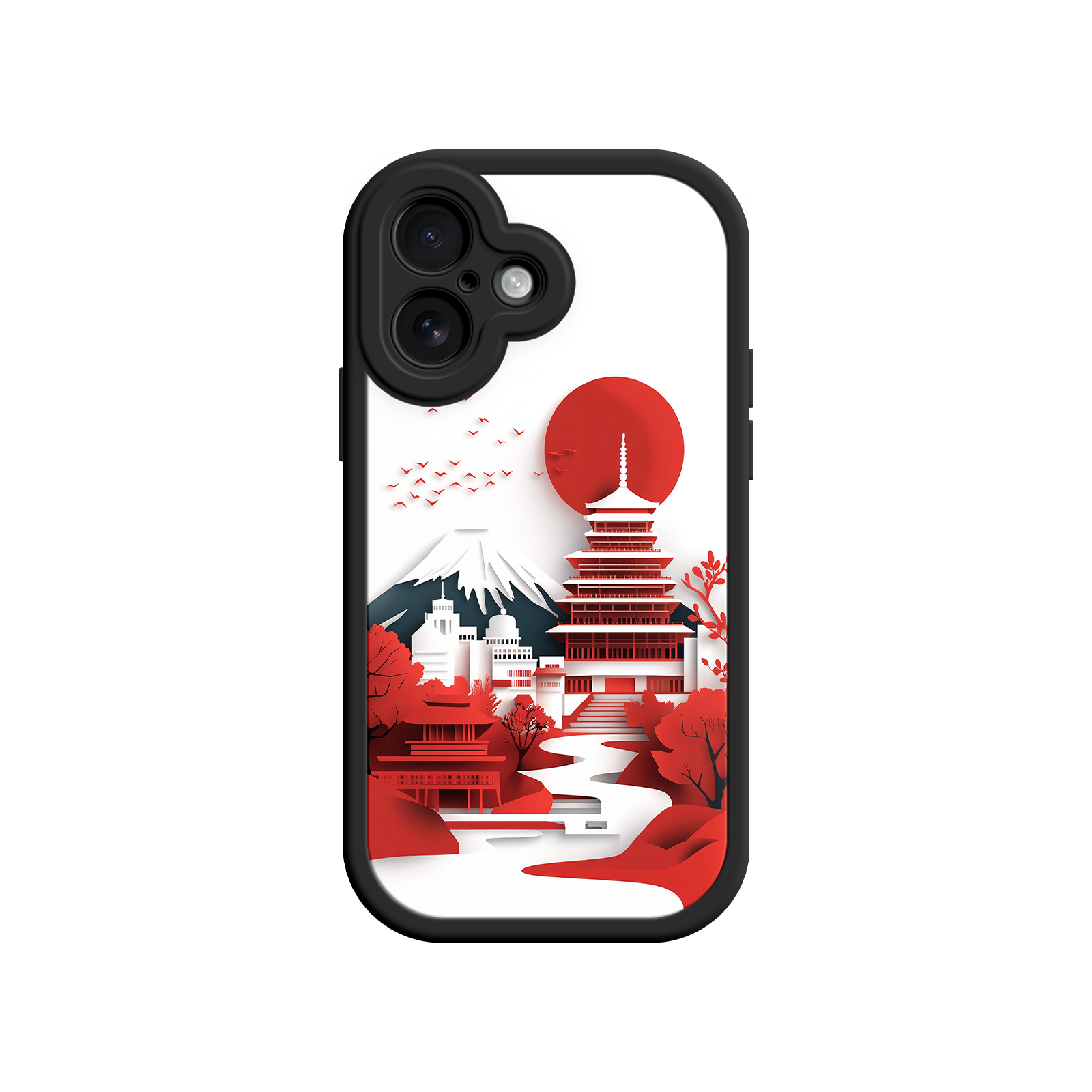 Japanese Pagoda & Mount Fuji Phone Case – Minimalist Red Sun Design for iPhone & Android