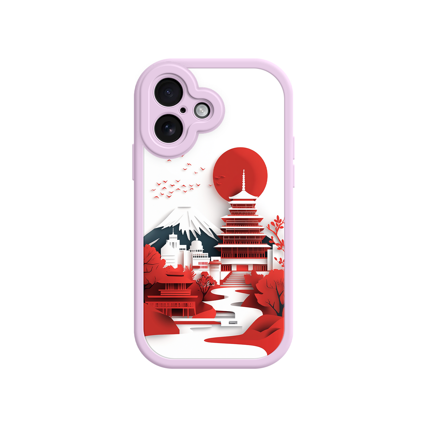 #MC0005 Factory Wholesale Japanese Pagoda & Mount Fuji Phone Case – Minimalist Red Sun Design for iPhone & Android