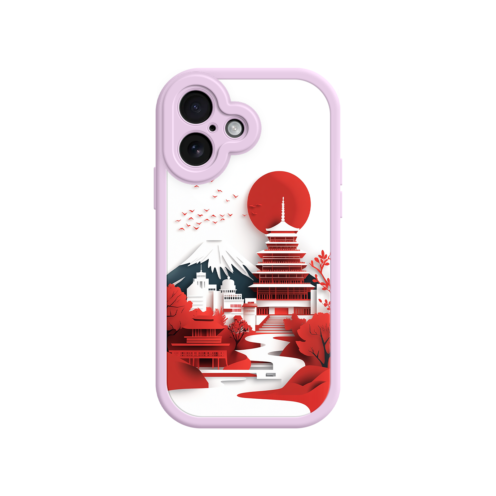 Japanese Pagoda & Mount Fuji Phone Case – Minimalist Red Sun Design for iPhone & Android