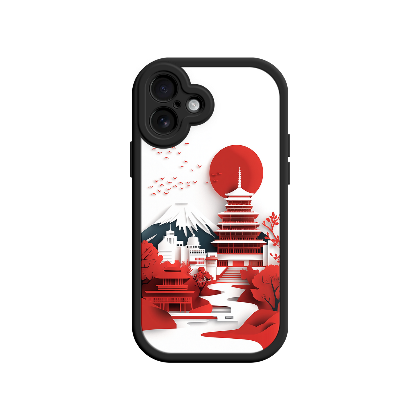 #MC0005 Factory Wholesale Japanese Pagoda & Mount Fuji Phone Case – Minimalist Red Sun Design for iPhone & Android