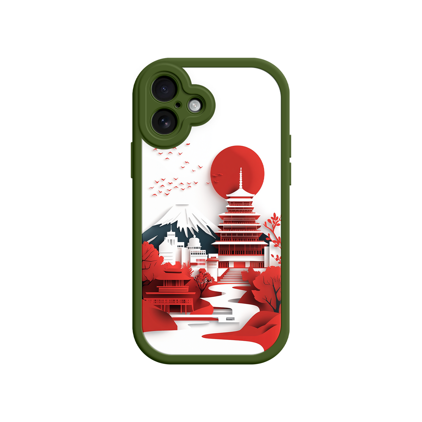 #MC0005 Factory Wholesale Japanese Pagoda & Mount Fuji Phone Case – Minimalist Red Sun Design for iPhone & Android
