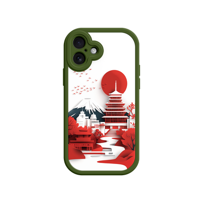 #MC0005 Factory Wholesale Japanese Pagoda & Mount Fuji Phone Case – Minimalist Red Sun Design for iPhone & Android