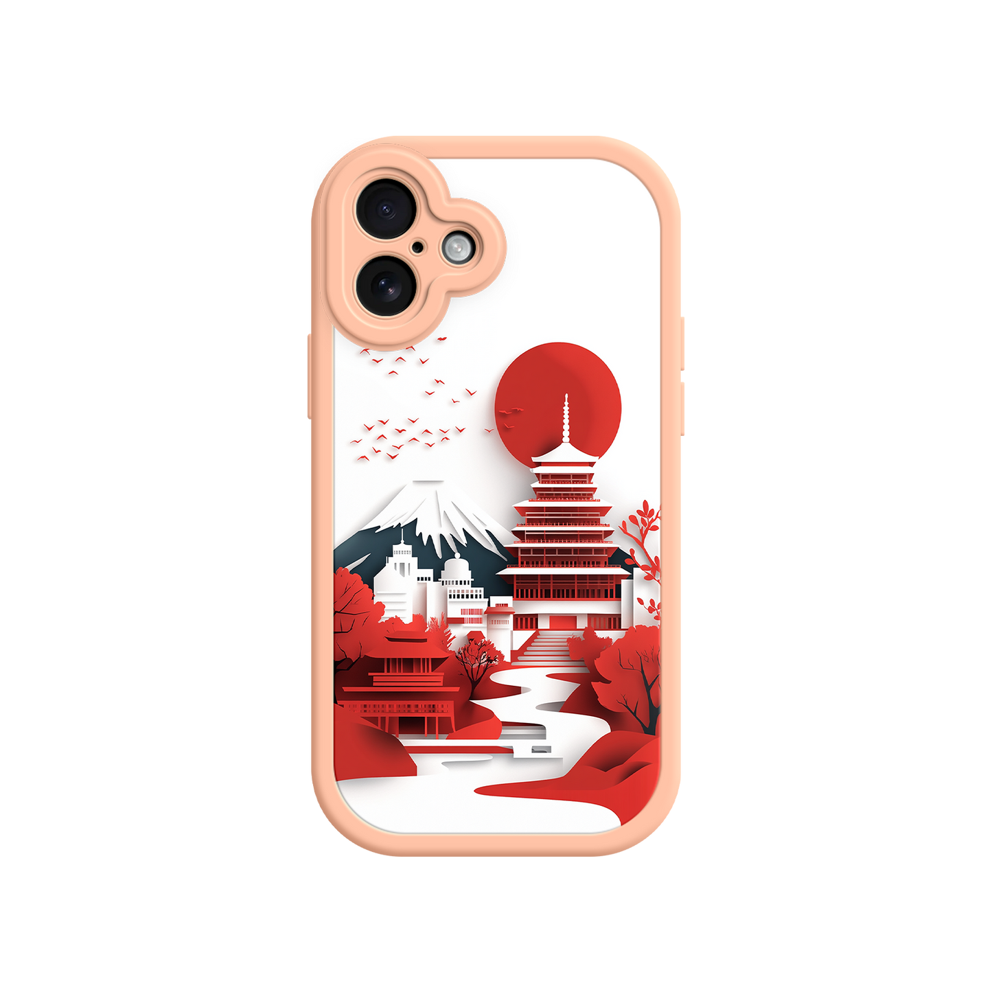 #MC0005 Factory Wholesale Japanese Pagoda & Mount Fuji Phone Case – Minimalist Red Sun Design for iPhone & Android