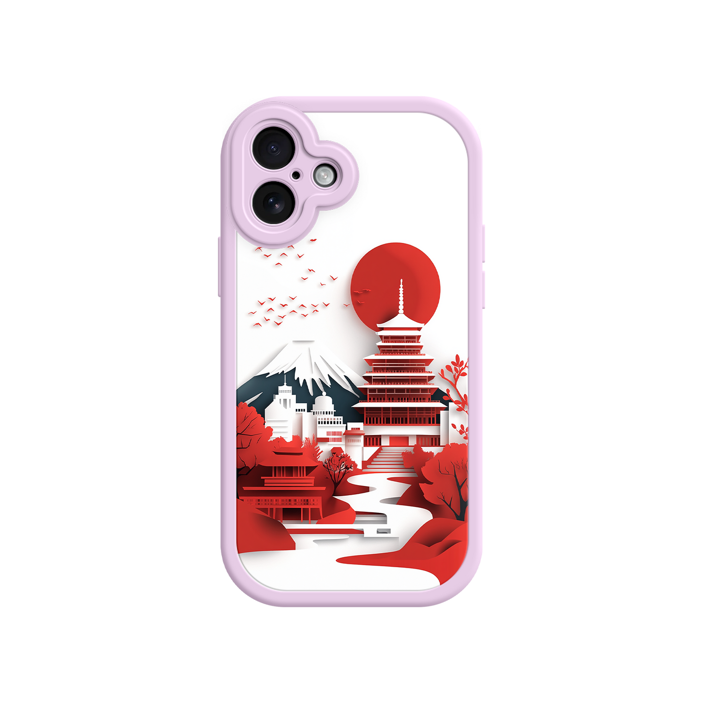 #MC0005 Factory Wholesale Japanese Pagoda & Mount Fuji Phone Case – Minimalist Red Sun Design for iPhone & Android