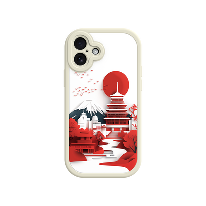 #MC0005 Factory Wholesale Japanese Pagoda & Mount Fuji Phone Case – Minimalist Red Sun Design for iPhone & Android