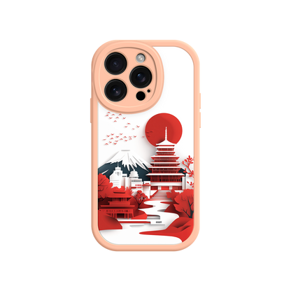 #MC0005 Factory Wholesale Japanese Pagoda & Mount Fuji Phone Case – Minimalist Red Sun Design for iPhone & Android