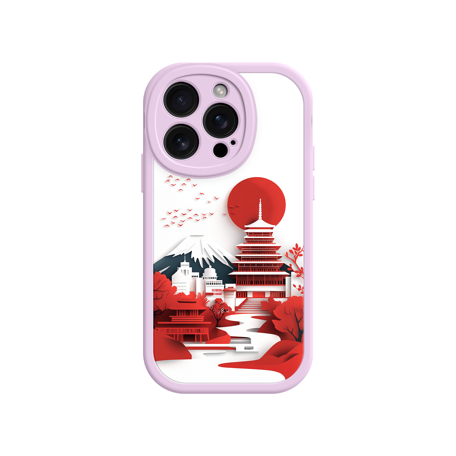 Japanese Pagoda & Mount Fuji Phone Case – Minimalist Red Sun Design for iPhone & Android