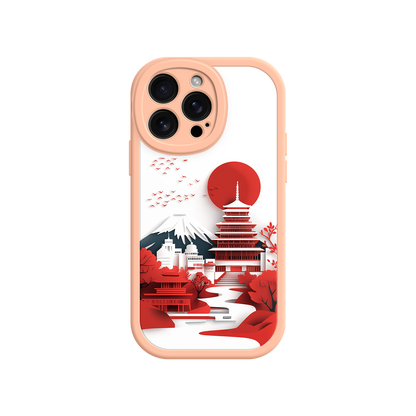 #MC0005 Factory Wholesale Japanese Pagoda & Mount Fuji Phone Case – Minimalist Red Sun Design for iPhone & Android