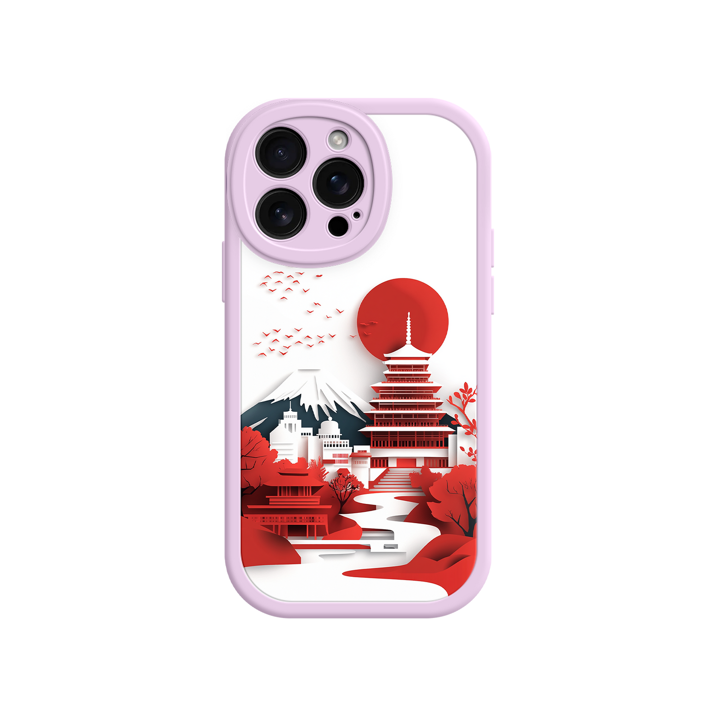 #MC0005 Factory Wholesale Japanese Pagoda & Mount Fuji Phone Case – Minimalist Red Sun Design for iPhone & Android