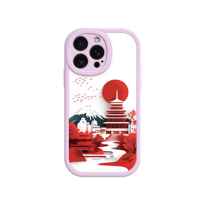 #MC0005 Factory Wholesale Japanese Pagoda & Mount Fuji Phone Case – Minimalist Red Sun Design for iPhone & Android