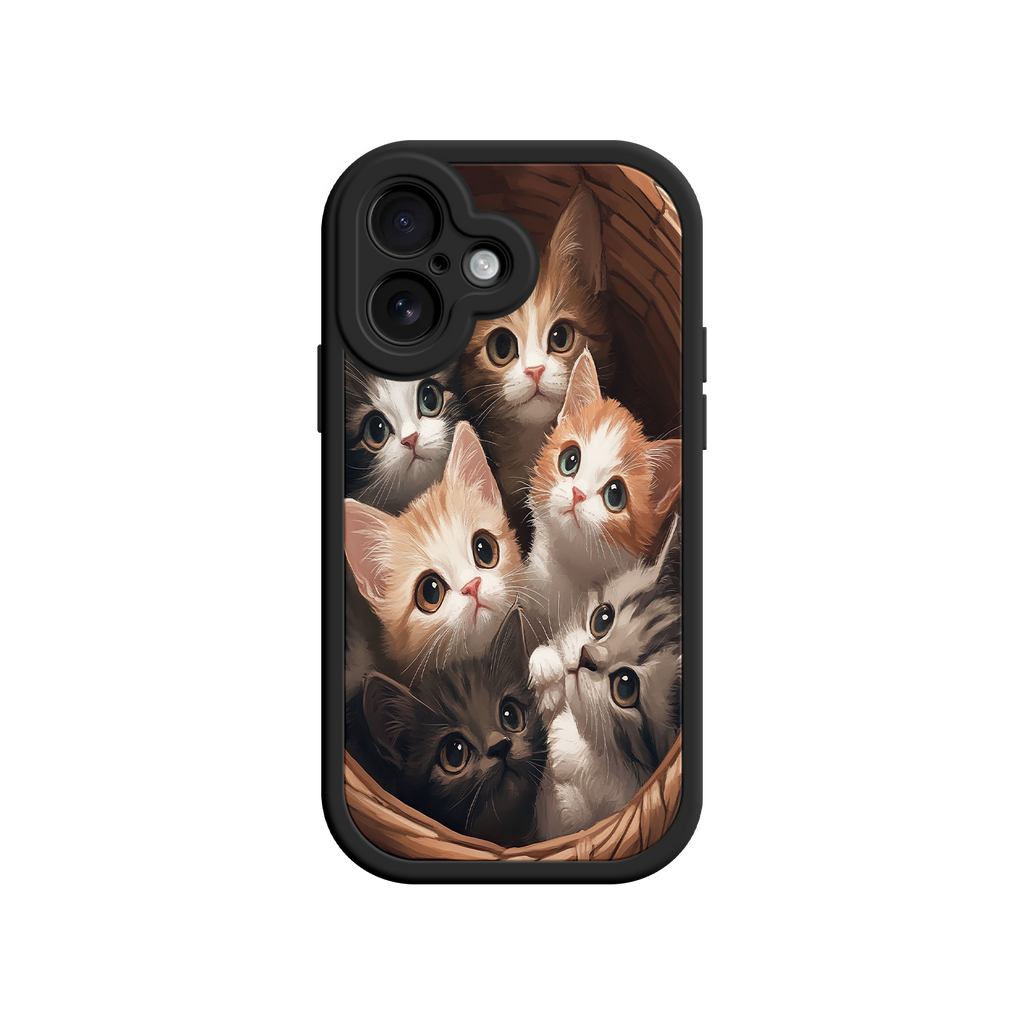 Cat-themed phone case with cozy basket scene