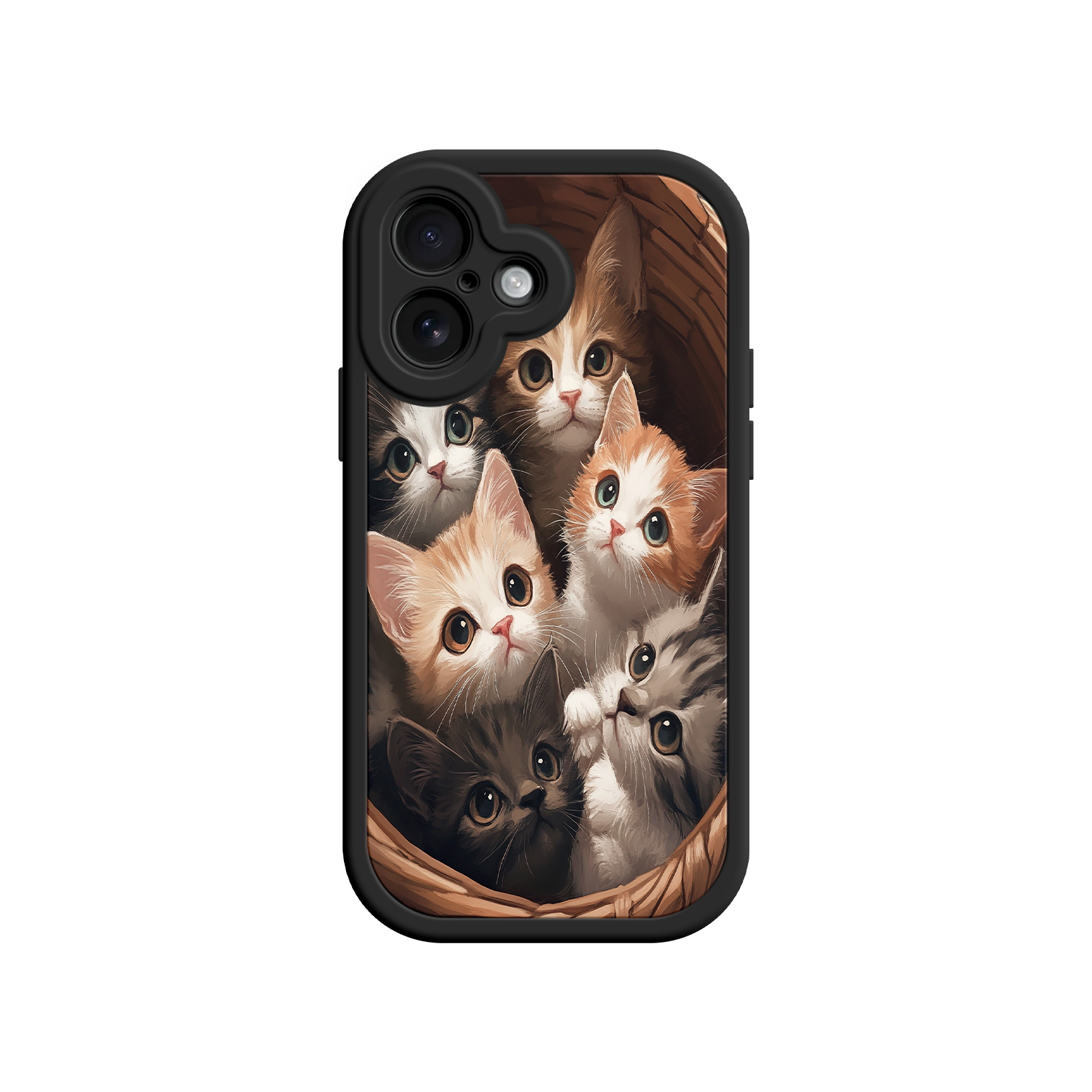 Cat-themed phone case with cozy basket scene