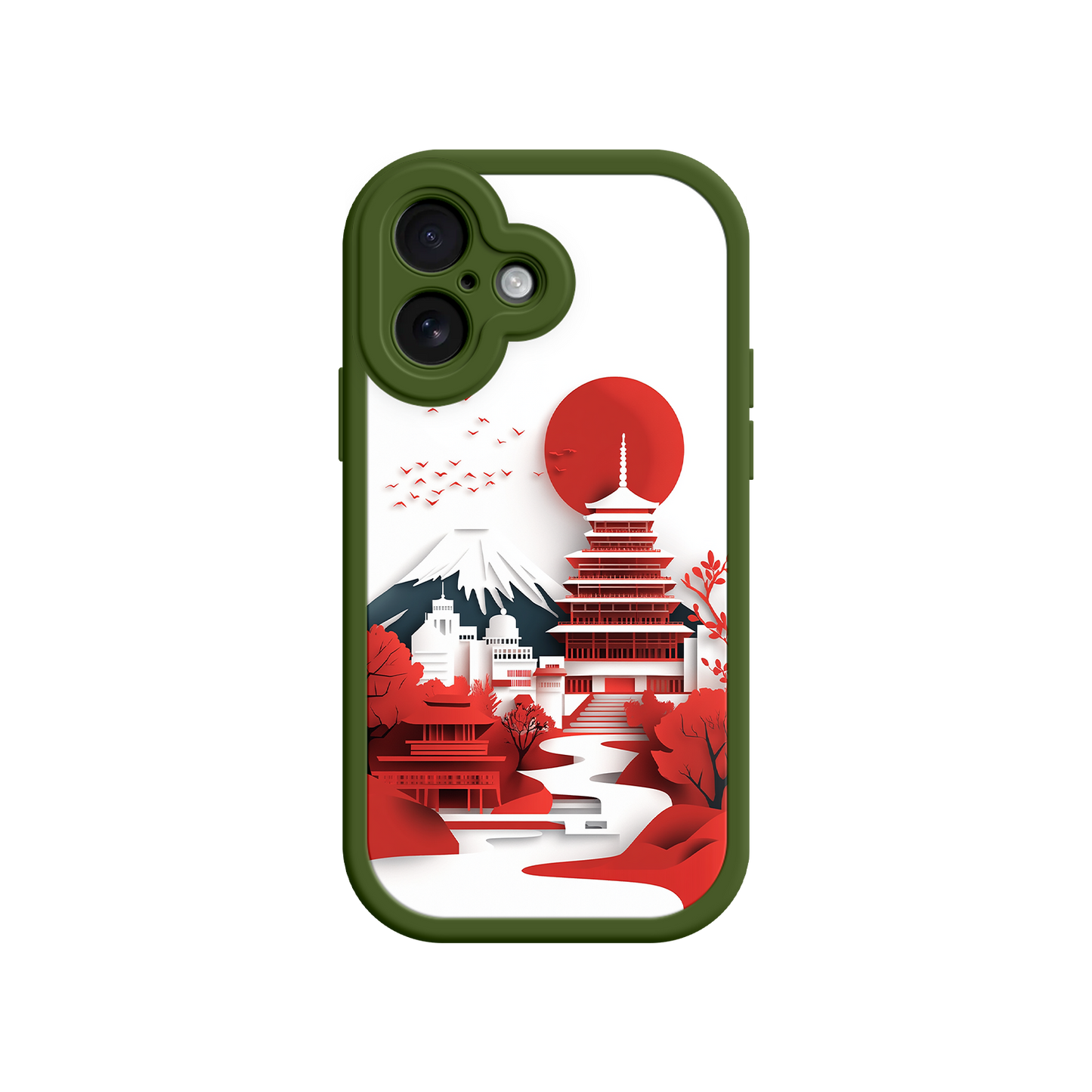 #MC0005 Factory Wholesale Japanese Pagoda & Mount Fuji Phone Case – Minimalist Red Sun Design for iPhone & Android