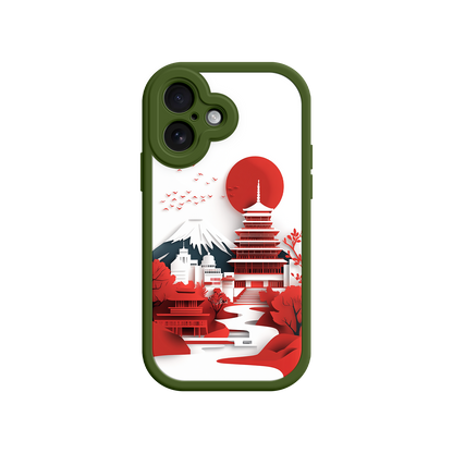 #MC0005 Factory Wholesale Japanese Pagoda & Mount Fuji Phone Case – Minimalist Red Sun Design for iPhone & Android