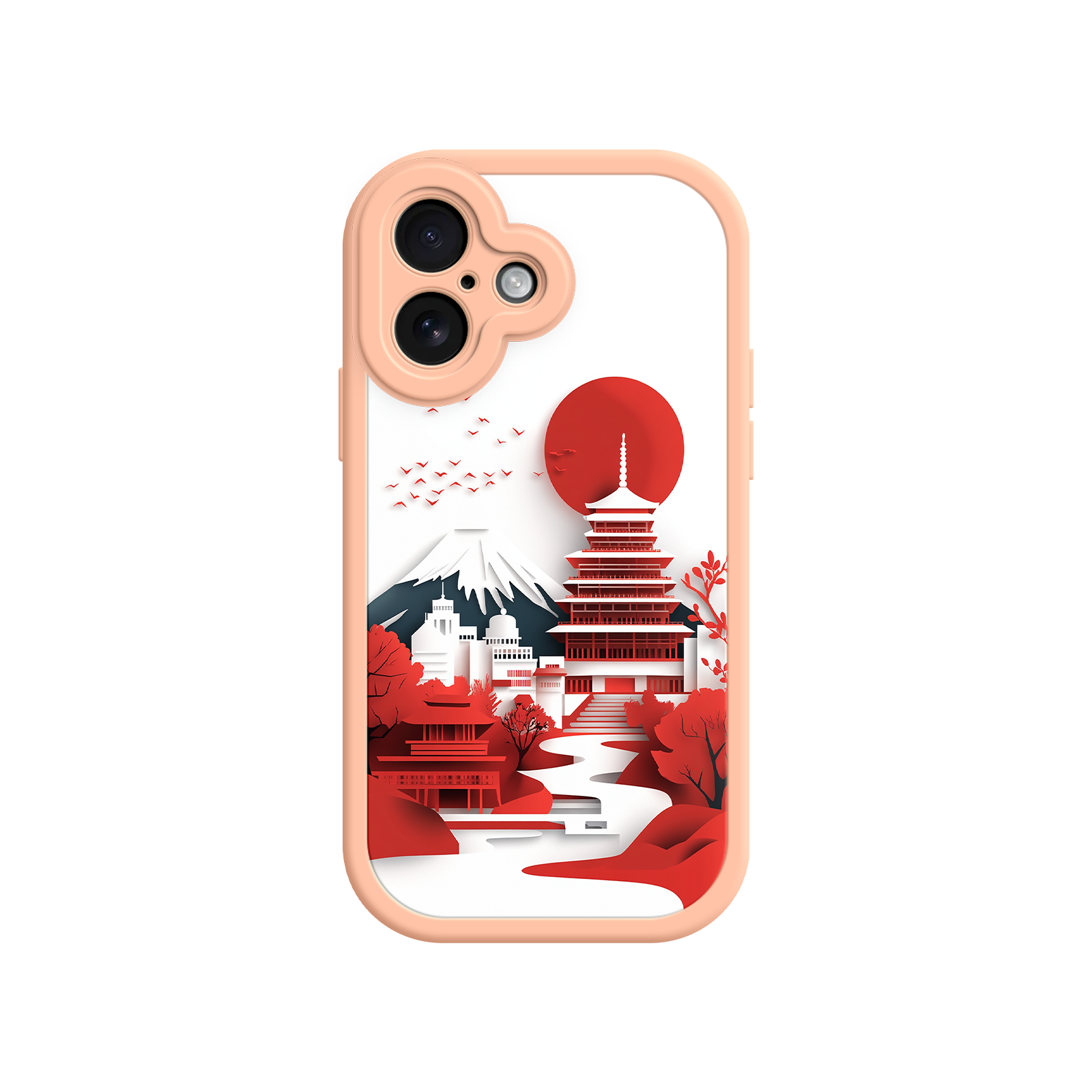 Japanese Pagoda & Mount Fuji Phone Case – Minimalist Red Sun Design for iPhone & Android