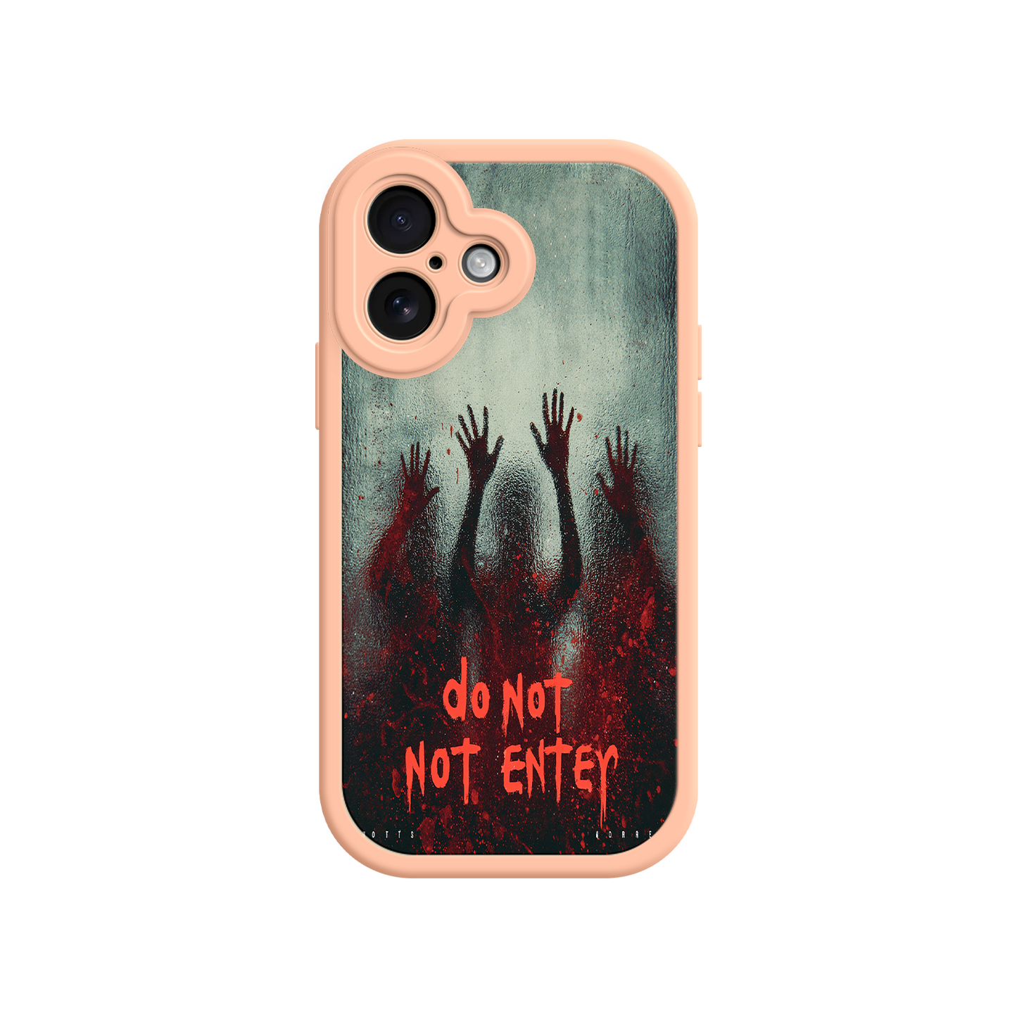 Creepy phone case with thriller-style warning message