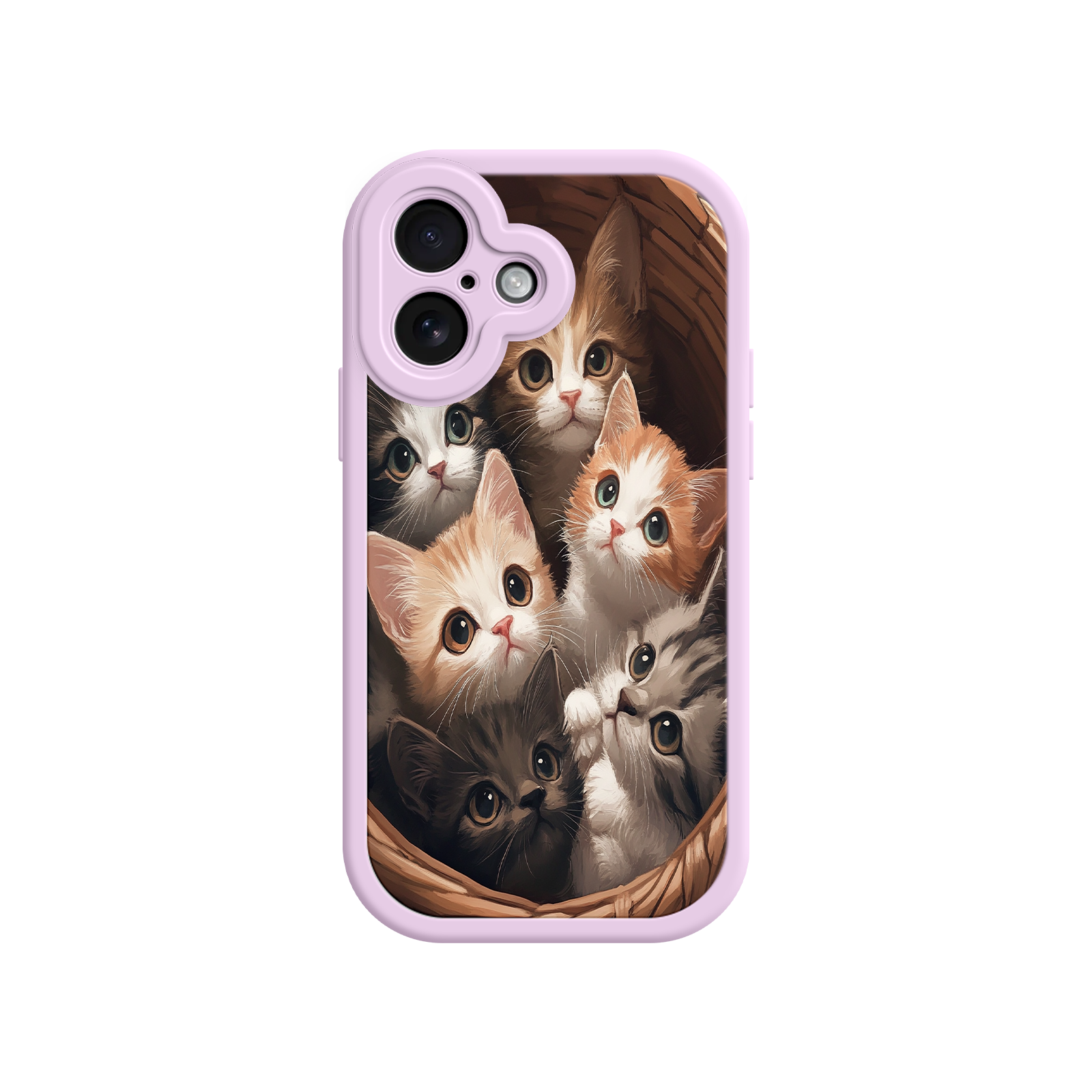 Cat basket phone case with tabby and white kittens
