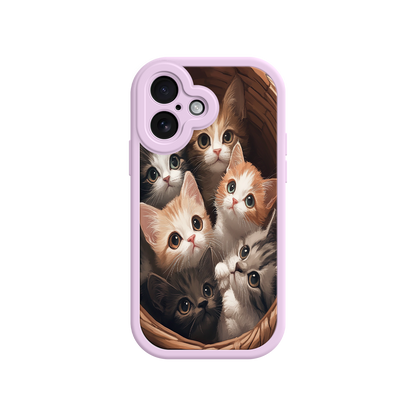 Cat basket phone case with tabby and white kittens