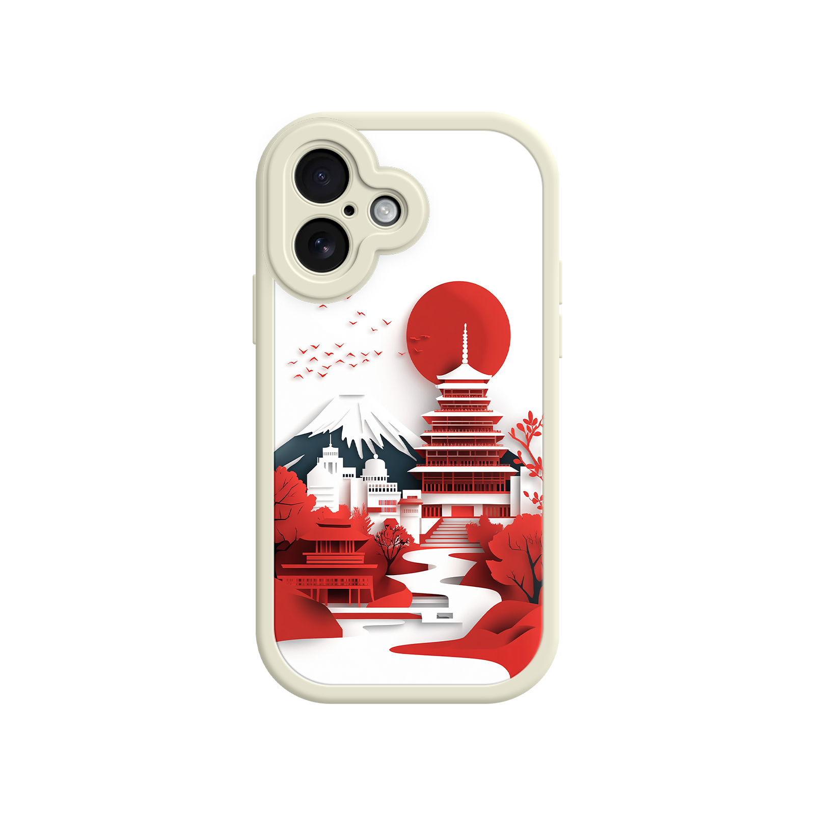 Japanese Pagoda & Mount Fuji Phone Case – Minimalist Red Sun Design for iPhone & Android