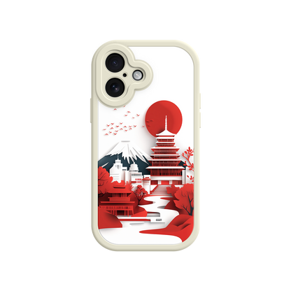 #MC0005 Factory Wholesale Japanese Pagoda & Mount Fuji Phone Case – Minimalist Red Sun Design for iPhone & Android
