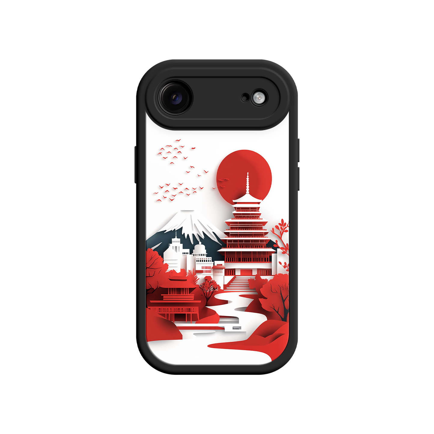 #MC0005 Factory Wholesale Japanese Pagoda & Mount Fuji Phone Case – Minimalist Red Sun Design for iPhone & Android