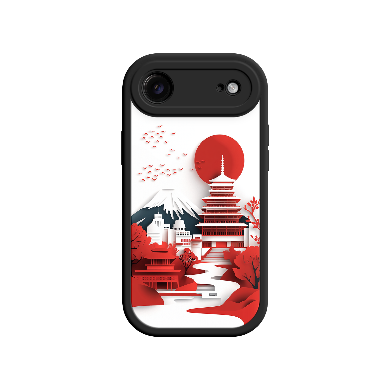 Japanese Pagoda & Mount Fuji Phone Case – Minimalist Red Sun Design for iPhone & Android