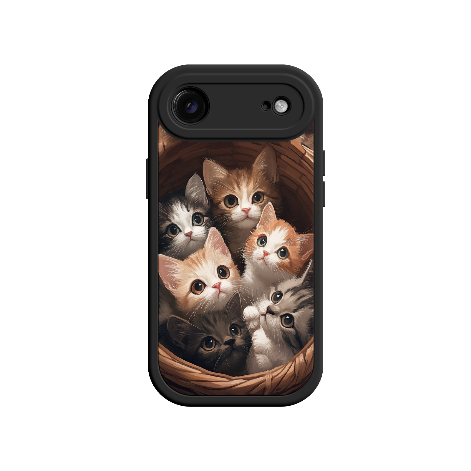 Pet-themed phone case with basket of cats